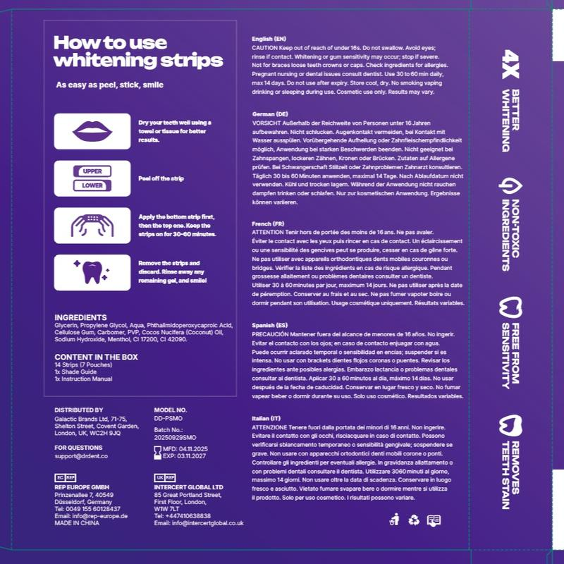 VELORA Purple Teeth Whitening Strips - 7/21 Whitening Sessions - Safe for Enamel - Non Sensitive Teeth Whitening - Peroxide-Free-JAY