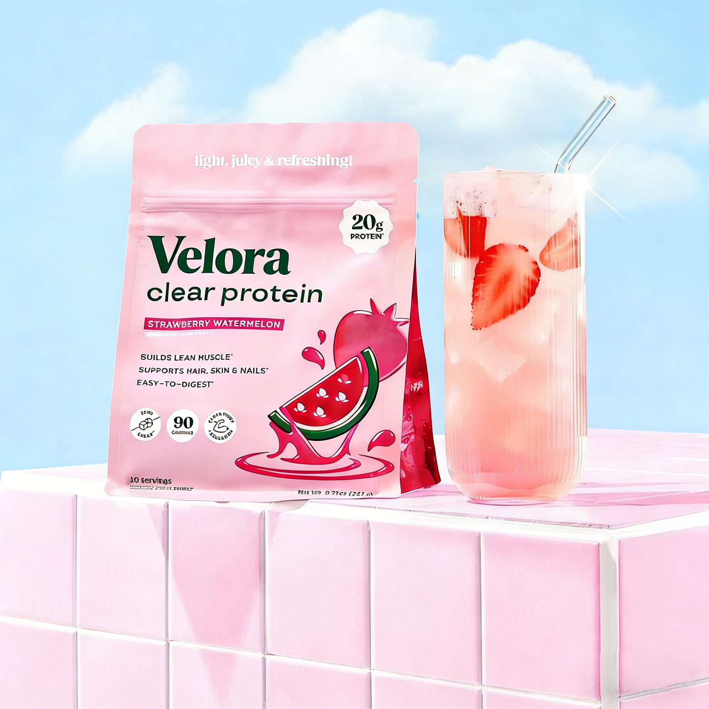 Refreshing and Delicious VELORA Nutrition Clear Protein Drink | Featuring 20g Protein, 90 Calories, 0g Sugar, a Collagen Blend, and a Light Fruity Flavor, Perfectly Crafted for Women-JAY